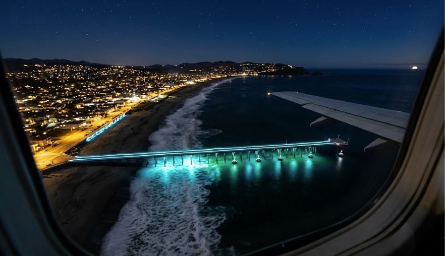 Aerial view from plane window of the Pacifica Pier glowing teal at night